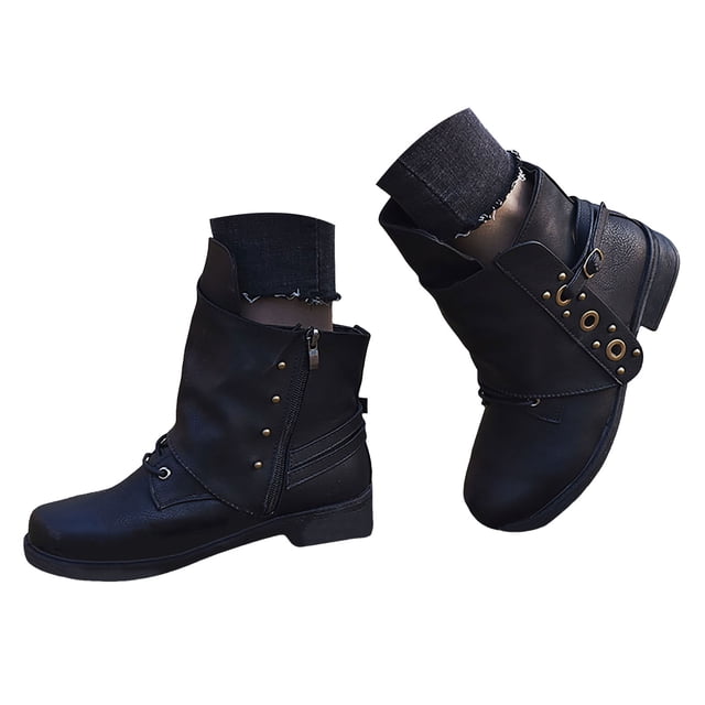 Leozcaa Bottes à Cheville pour Femmes à Revers Plateforme, Bottillons Courts Plissés, Bout Carré, à Enfiler, Bottes de Soirée Mode