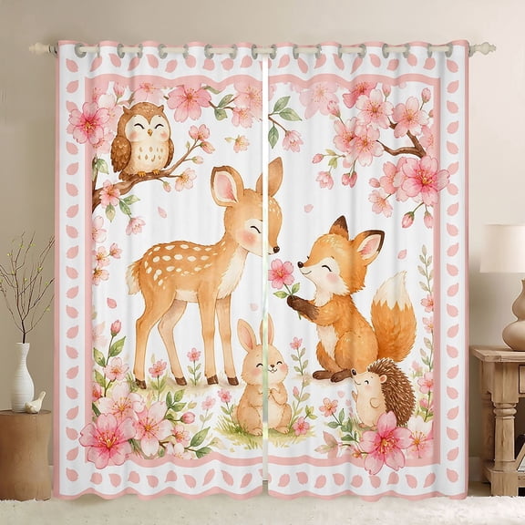 Manfei Cute Rabbit Kitchen Curtains,Woodland Animal Black Out Curtains Pack of 2 (42x63 Each),Pink