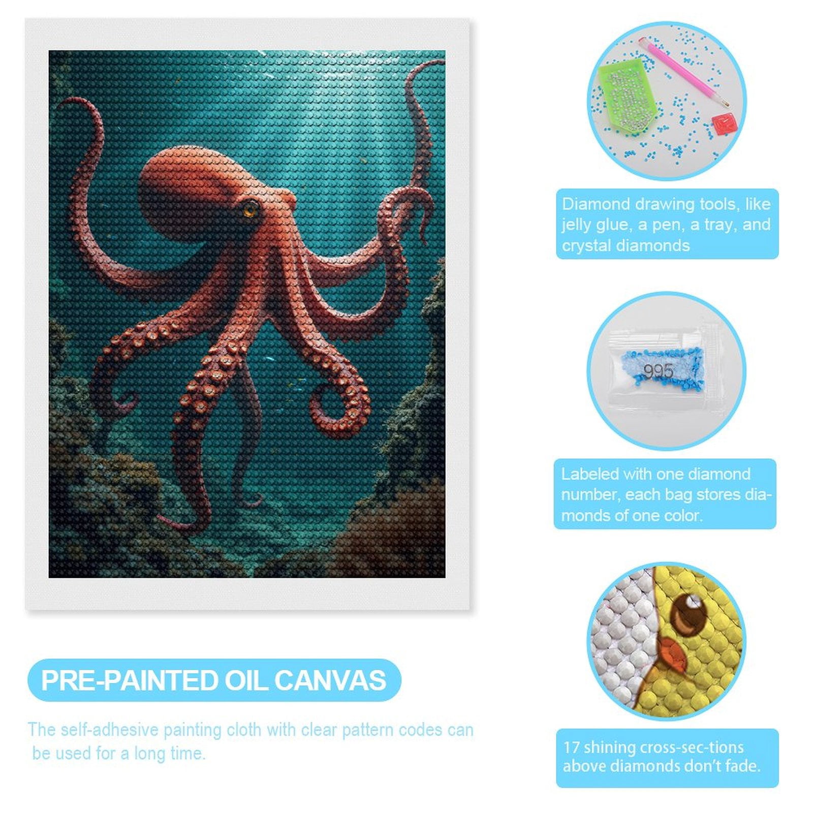 Diamond Art Kits for Adults, Underwater Giant Octopus Exploration 5D Diamond Painting Kits for Adults Beginners, DIY Full Drill Diamond Painting, Gem Art and Crafts 12x16
