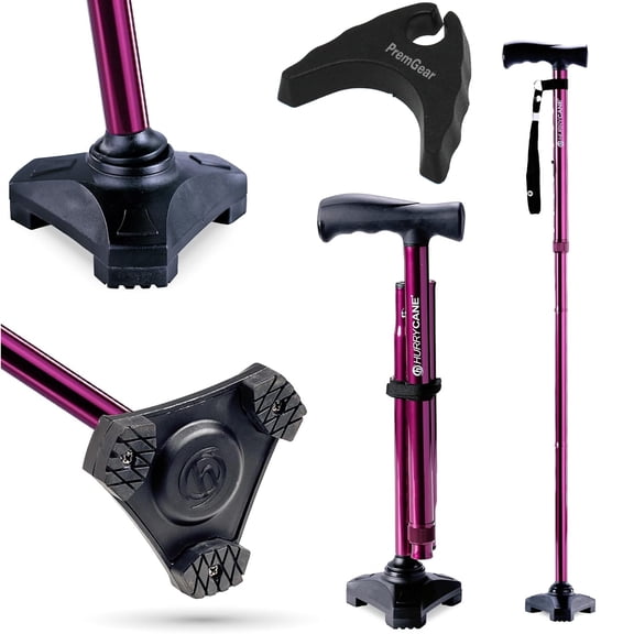 HurryCane Freedom Edition Foldable with T Handle Walking Cane for Men & Woman (Red / Magenta) Bundle with PremGear Cane Holder, Compatible with HurryCane