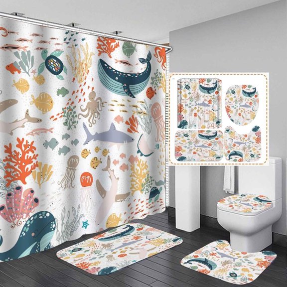 4PCS Navy Blue Sea Turtle Shower Curtain Sets with Rugs, Waterproof White Fabric Shower Curtain, Underwater Ocean Marine Watercolor Coral Reef Sea Plant Beach Coastal Nautical Bathroom Decor