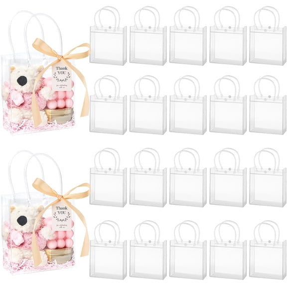 30 Pack Clear Gift Bags with Handles, Party Favor Bags with Ribbons and Tags, Reusable Goodie Tote Bags for Mother's Day Wedding Baby Shower (5.9” x 6.3” x 2.8")