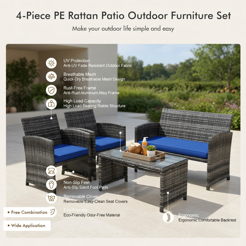 Hommoo 2-Piece Outdoor Patio Loveseat & Coffee Table Set with Cushions, Steel Frame, Weather-Resistant, Turquoise