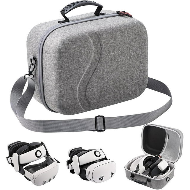 Grand Étui de Transport Gris pour Casque VR Meta Quest 3S/Quest 3, compatible avec BOBOVR S3 Pro et les Sangles de Batterie au Design KIWI. Conçu comme un Sac de Voyage à Coque Rigide avec Doublure Souple, Compartiments et Bandes Élastiques pour un Rangement Sécurisé des Accessoires VR comme les Contrôleurs et les Câbles. Comprend une Bandoulière Ajustable et une Poignée en silicone pour la Portabilité.