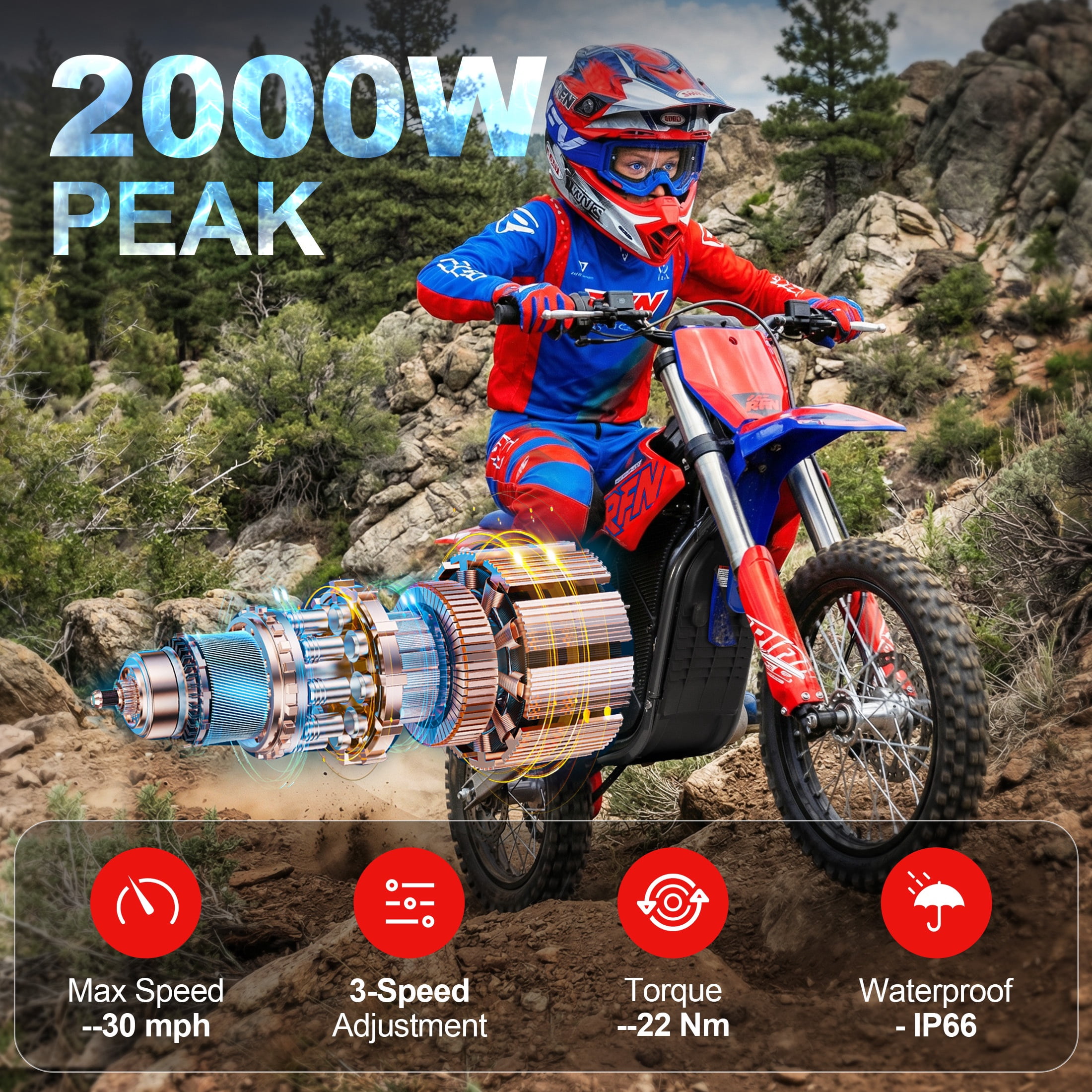 RFN Electric Dirt Bike Peak 2000W 48V 15Ah Electric off-Road Motorcycle Teens & Adults, Max 30MPH & 22Nm Torque Mountain Dirt Bike for Age 12+