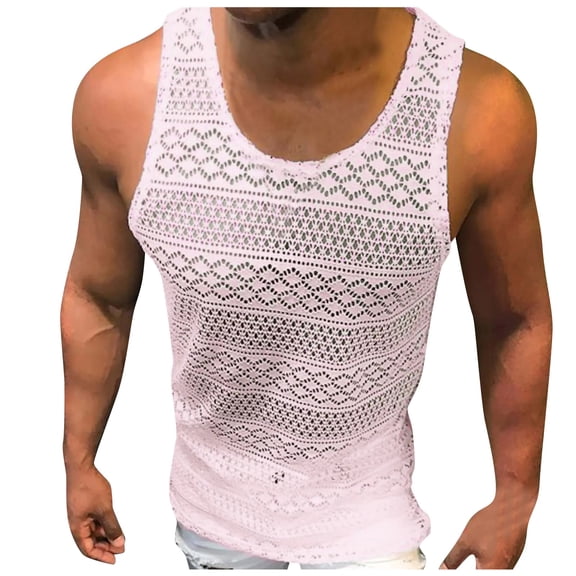 VNKIDY Mens T-Shirt Slim Fit Sheer Lace Sleeveless Tank Top Solid Color Geometric Pattern Breathable Tees For Beach Daily Party Wear Versatile Top