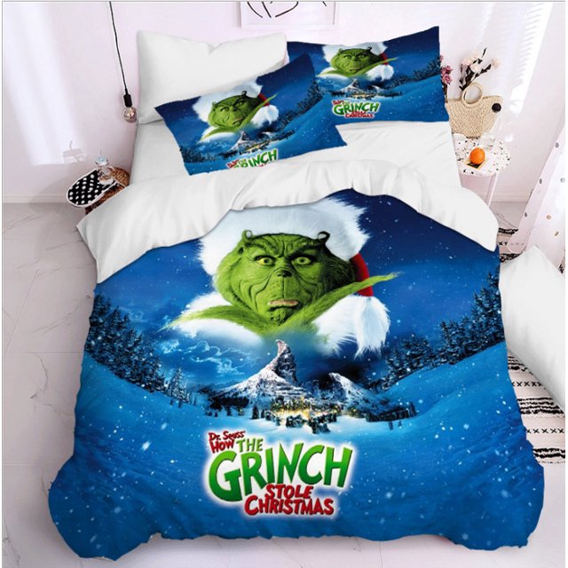 3D Bedding Kit Christmas Green Hair Monster Grinch Quilt Cover Series Digital Printing Cartoon Pillowcase Three-piece Set