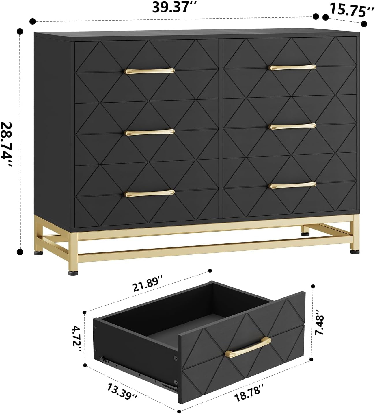 Twister.CK 6 Drawers Double Dresser for Bedroom, Chest of Drawers for Living Room Hallway Entryway, Black
