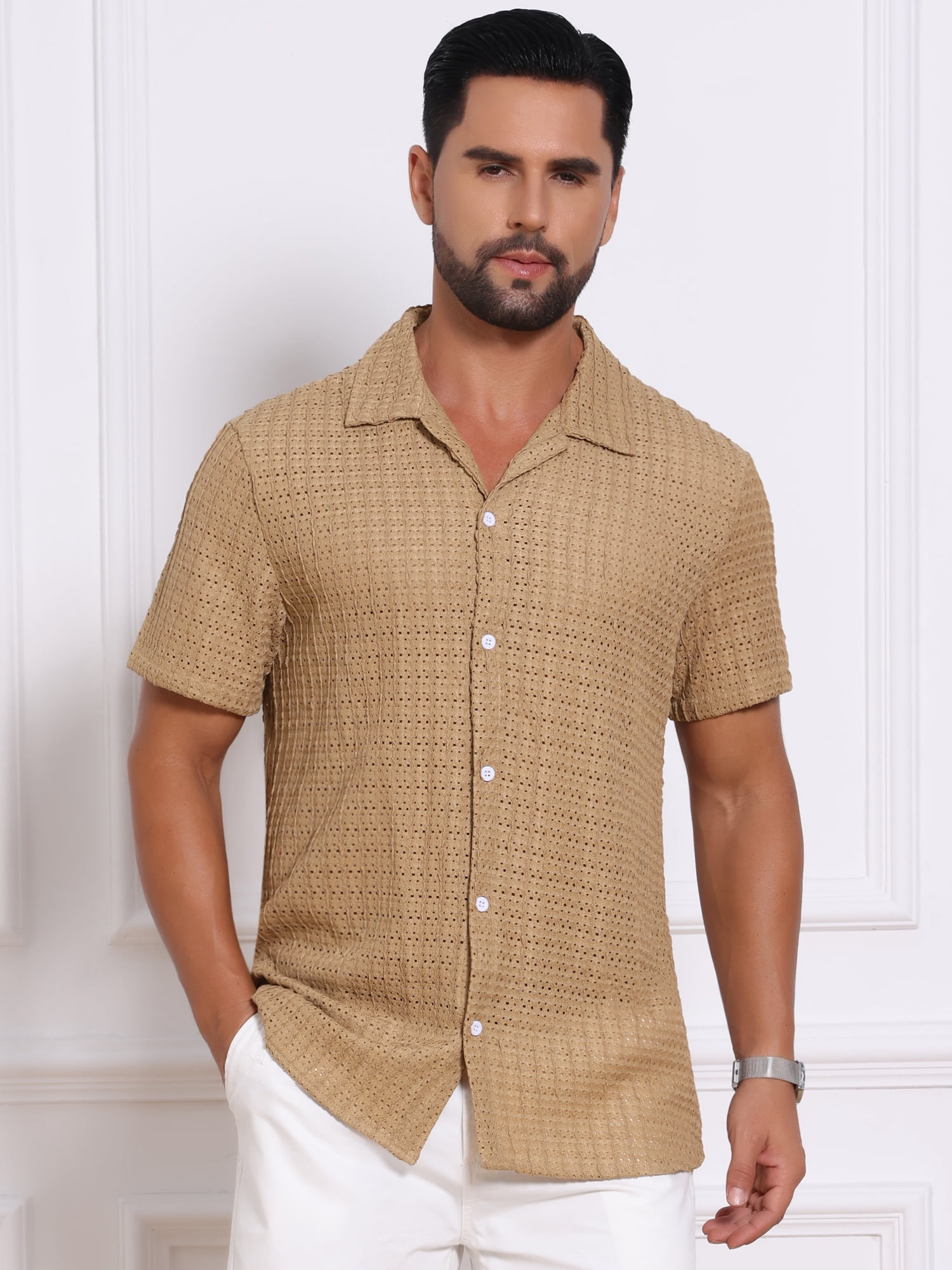 DARING DIVA Men's Casual Knitted Hollow Out Short Sleeve Shirt L Khaki
