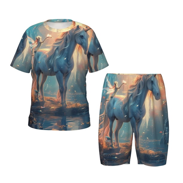 Balery Forest Lake White Horse Conjunto de Pijama Infantil de Manga Corta con Estampado – Ropa de Dormir de Algodón Suave-XX-Large