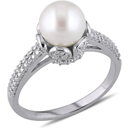 Miabella 8-8.5mm White Round Cultured Freshwater Pearl and Diamond-Accent Sterling Silver Cocktail Ring