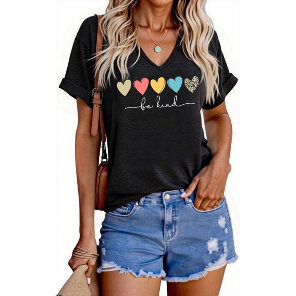 Women's T Shirts V Neck Heart Print Short Sleeve Tops for Daily Wear Womens Graphic Tees Black XXL
