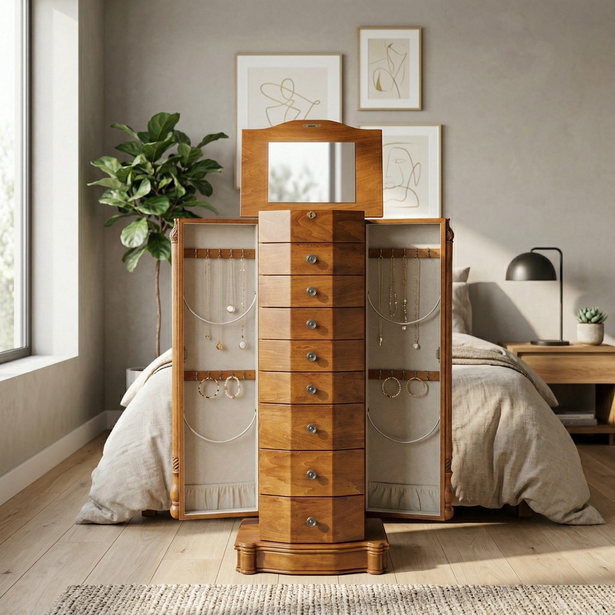 Hives and Honey Florence Standing Brown Wood Jewelry Armoire