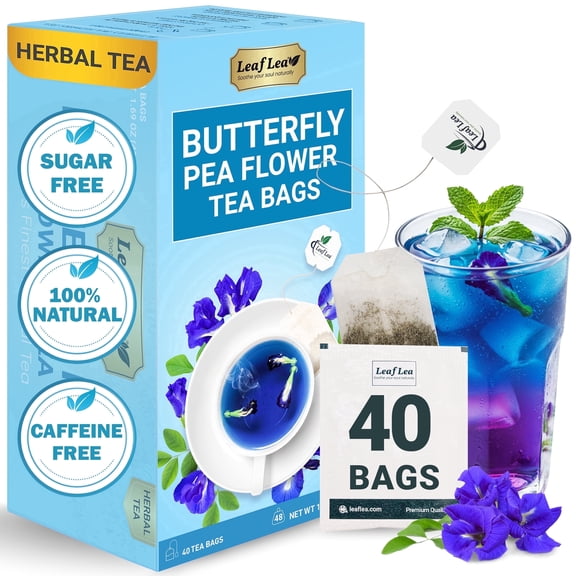 LeafLea 40 Butterfly Pea Flower Tea Bags, Herbal Blue Pea Tea for Relaxation, Mocktails, and Natural Food Coloring, Caffeine-Free, Sugar-Free