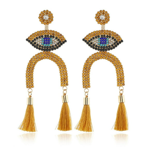 QDDollarsFun Evil Eye Tassel Earrings, Yellow Long Dangle Earrings for Women, Bohemian Beaded Eye Fringe Earrings, Sparkling Eye Arched Statement Earrings Summer Boho Jewelry