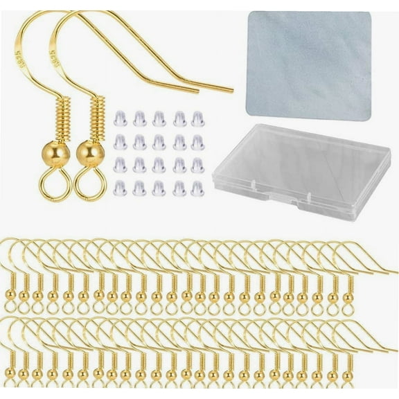 Hypoallergenic Gold Earring Hooks - 120 PCS/60 Pairs 18K Gold Nickel Free Ear Wires Fish Hooks for Jewelry Making, Jewelry Findings Parts with 120 PCS Rubber Earring Backs Stopper for DIY Earrings