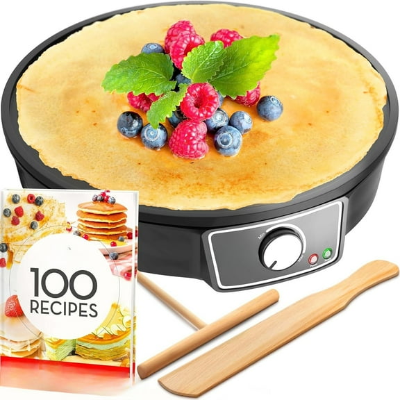 Crepe Maker Machine , Pancake Griddle – Nonstick  Electric Griddle – Pancake Maker, Batter Spreader, Wooden Spatula – Crepe Pan for Crepes Roti, Tortilla, Blintzes – Portable, Compact