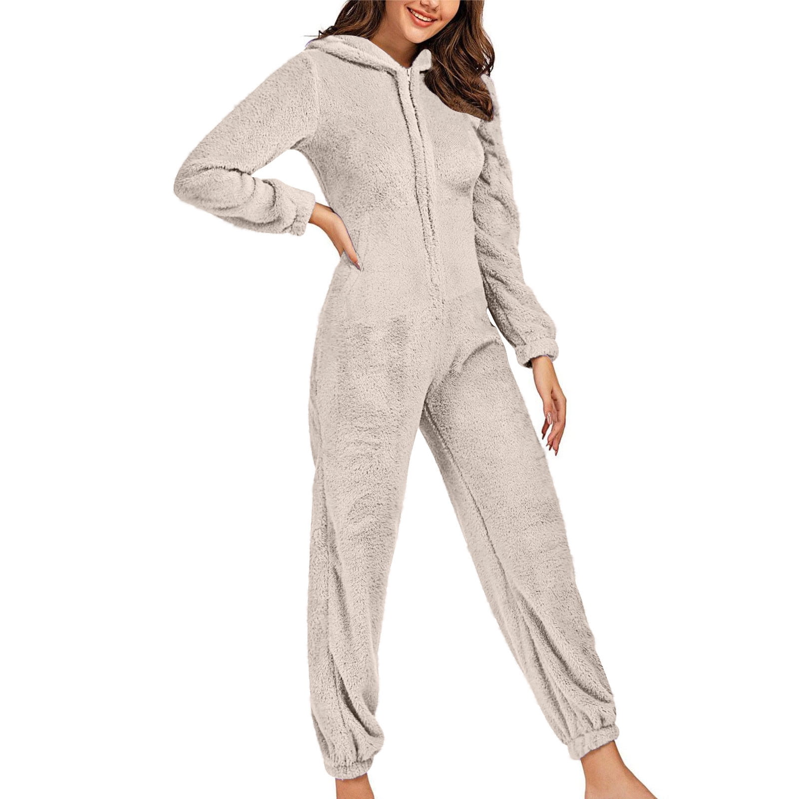 Xdegoge Fleece Jumpsuit Women Fuzzy One Piece Romper Zipper Long Sleeve Teddy Ears Jumpsuits Winter Warm Lounge Pajamas Loungewear with Pockets
