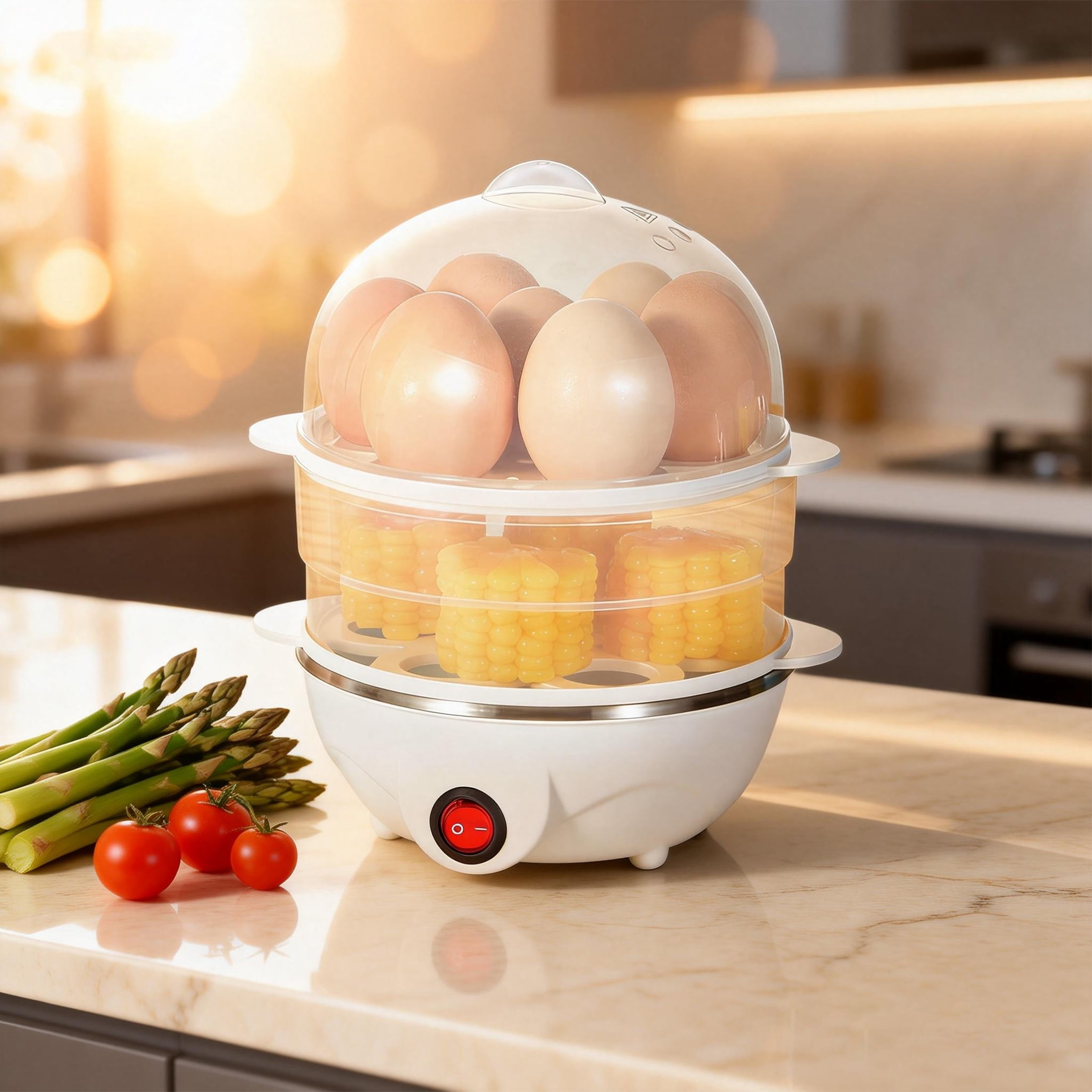 GARITIN Electric Egg Cooker for Hard Boiled Eggs, Poacher Eggs, Omelet Maker & Vegetable Steamer, 14 Egg Double-Tier, Auto Shut Off Boiled Egg Maker, White