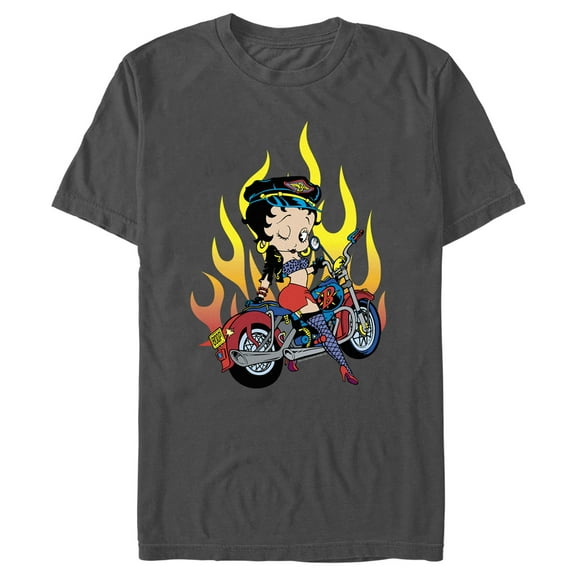 Men's Betty Boop Biker Betty Flames  Graphic Tee Charcoal Medium