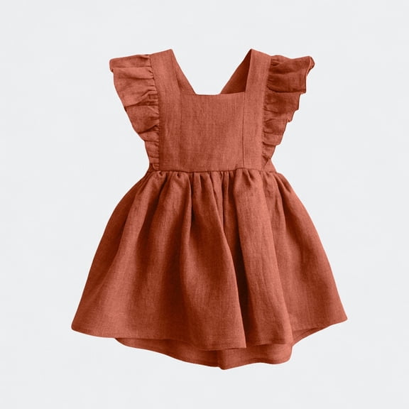 Ticikt Girls Overall Dress, Linen Blend Ruffle Strap A-Line Suspender Skirt for Baby 12-24 M,Red