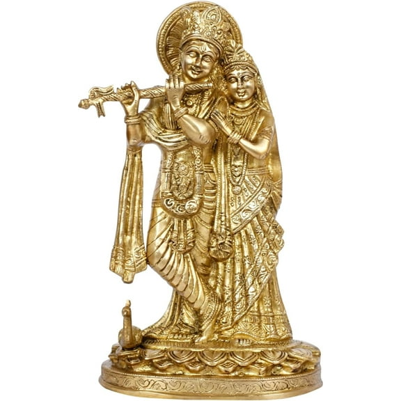Handmade Brass Radha Krishna Statue Idol  Hindu Divine Couple Figurine Radhe Krishna Murti for Home Decor Puja  (12 inch)