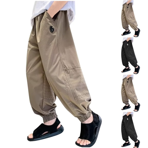 Antinious Boys Stylish Solid Ice Silk Elastic Waist Casual Full Length Pants 9-10Y