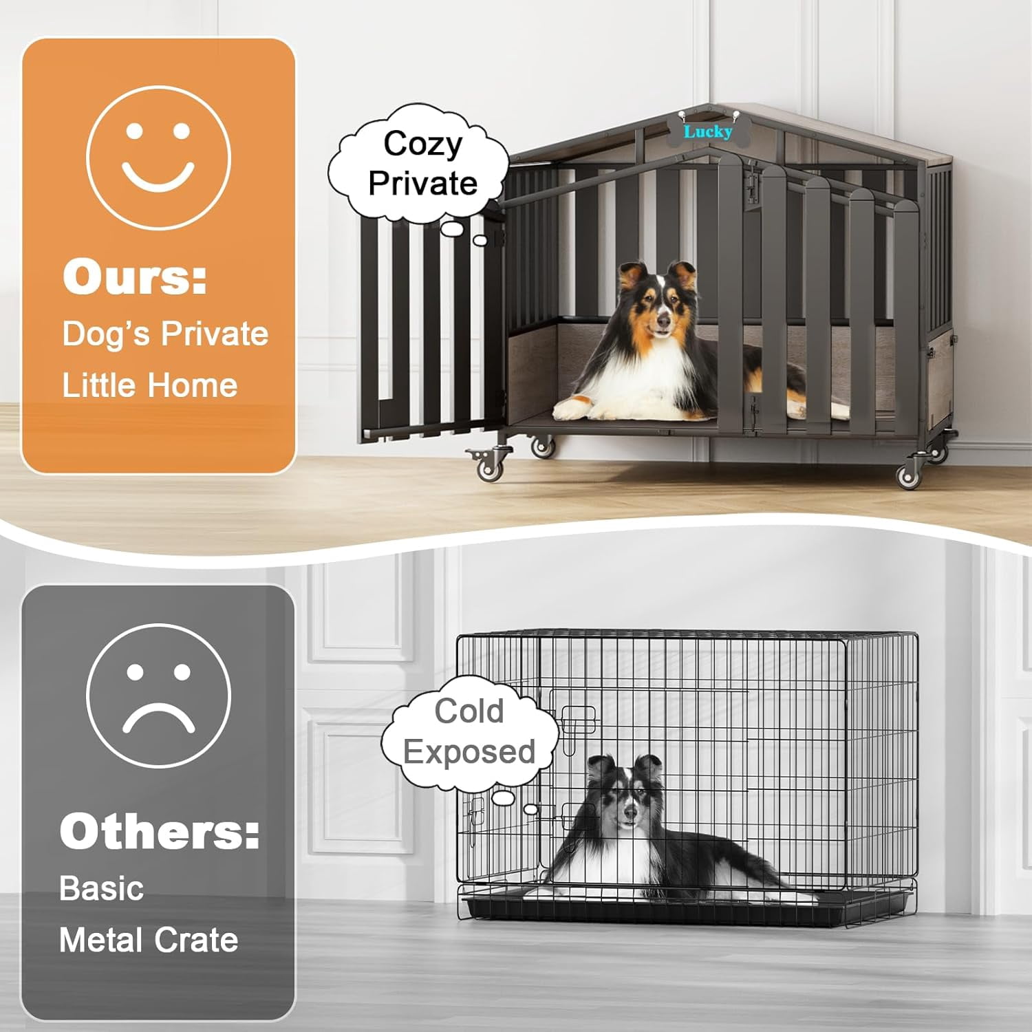 POAO 41"Heavy Duty Dog Crate Furniture for Medium Dogs(35-60lb), Dogs Kennel Indoor with 360° Wheels,Dog Cage with Feeding Window and Name Tag