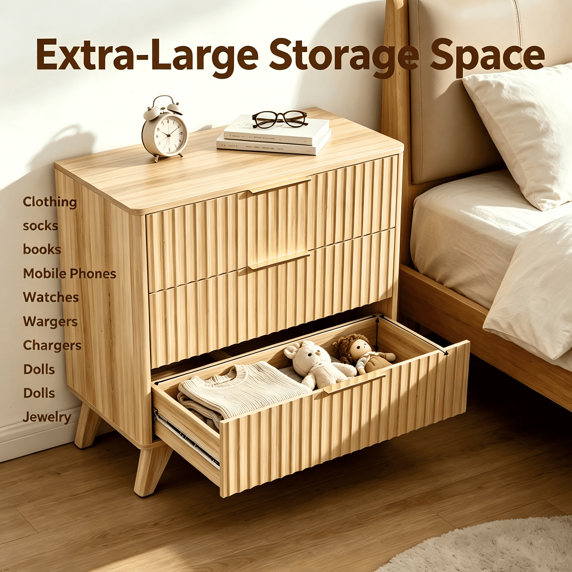 3-Drawer Storage Chest, Grid Front Dresser with Metal Drawer Runners, Anti-Tip Design, Compact Wooden Cabinet for Bedroom, Living Room, Home Office
