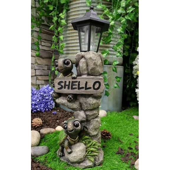 Ebros Rock Climbing Baby Tortoise Turtles With Greeting Sign & Solar LED Statue