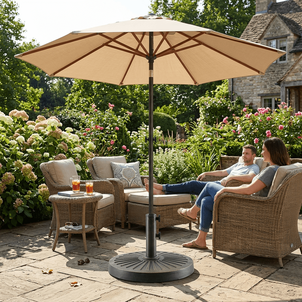 EDX Patio Market Umbrella Base, 30lbs Heavy Duty Round Outdoor Stand, resin base and iron stand with Petal Pattern, Bronze-colored
