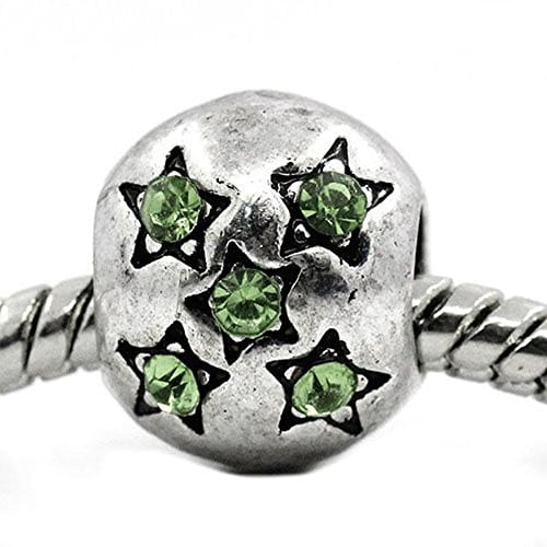 European Charm Beads Antique Silver Star Carved light Green Rhinestone
