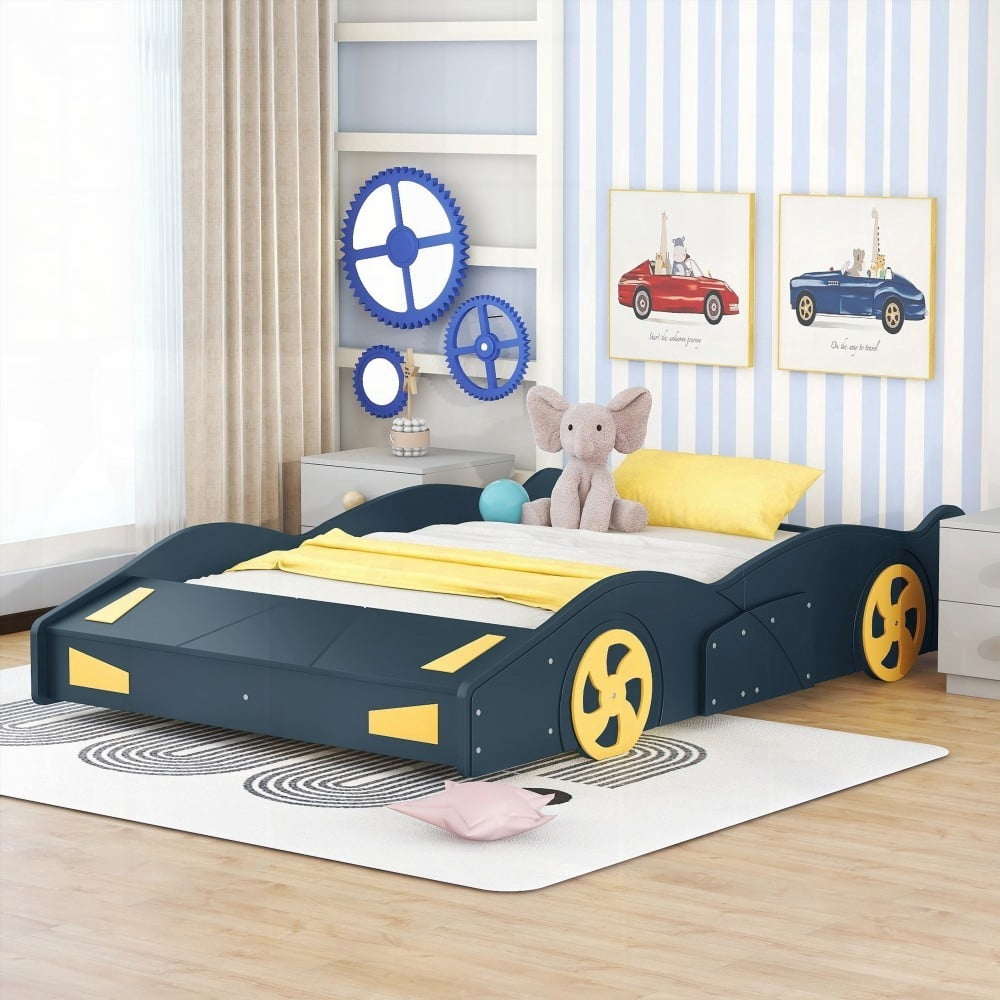 Full Size Dark Blue+Yellow Race Car-Shaped Platform Bed with Wheels and Storage