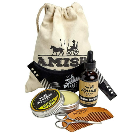 Amish Farms Beard Grooming Kit, 6 Piece Set – Leave In Beard Balm, Wooden Brush, Plastic Shaping Comb, Beard Oil and Stainless Steel Trimming Scissors - Cotton Storage Bag - Gift