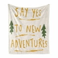 thumbnail image 1 of Adventure Cartoon Soft Flannel Fleece Throw Blanket, Say Yes to New Adventures Message with Dashed Stripes, Cozy Plush for Indoor and Outdoor Use, 70" x 90", Forest Green Pale Coffee, by Ambesonne, 1 of 6