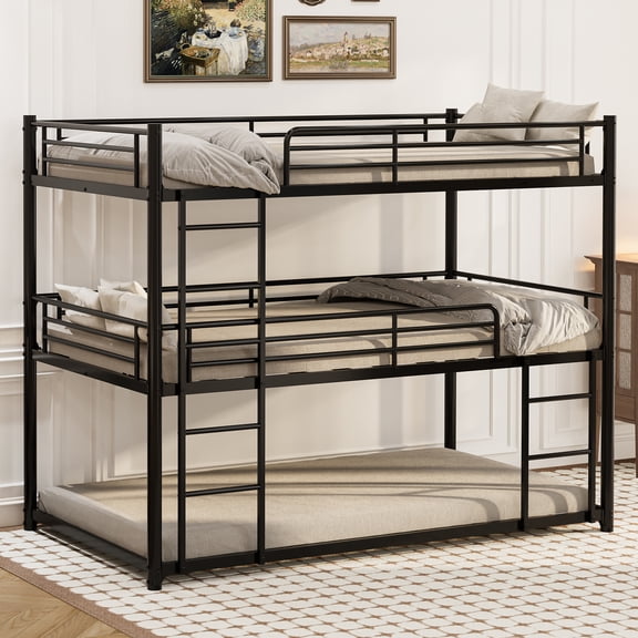 Miniyam Twin over Twin over Twin Metal Bunk Bed with Ladder and Guardrails, Steel Space-Saving Bed for Kids, Black