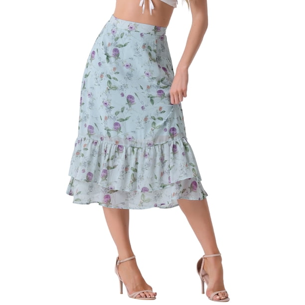 Faldas de gasa para mujer Inspire Chic, con cintura elástica, volantes, en capas, florales y fluidas, midi, XS, azul púrpura-floral