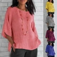 thumbnail image 5 of Becaristey Vêtements pour Femmes Chemise à Col Rond en Coton et Lin à Manches 3/4 Haut Décontracté en Coton et Lin Jaune 5TG, 5 of 5