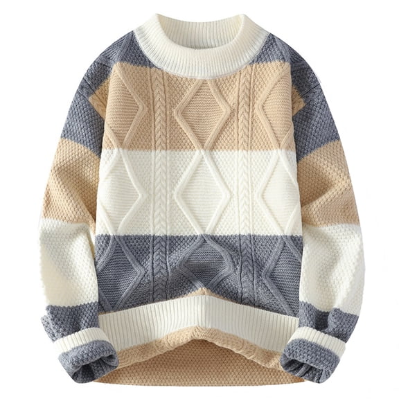 GBSYEWXS Men Pullover Sweaters Casual Long Sleeve Crew Neck Pullover Striped Print Outwear White Sweater