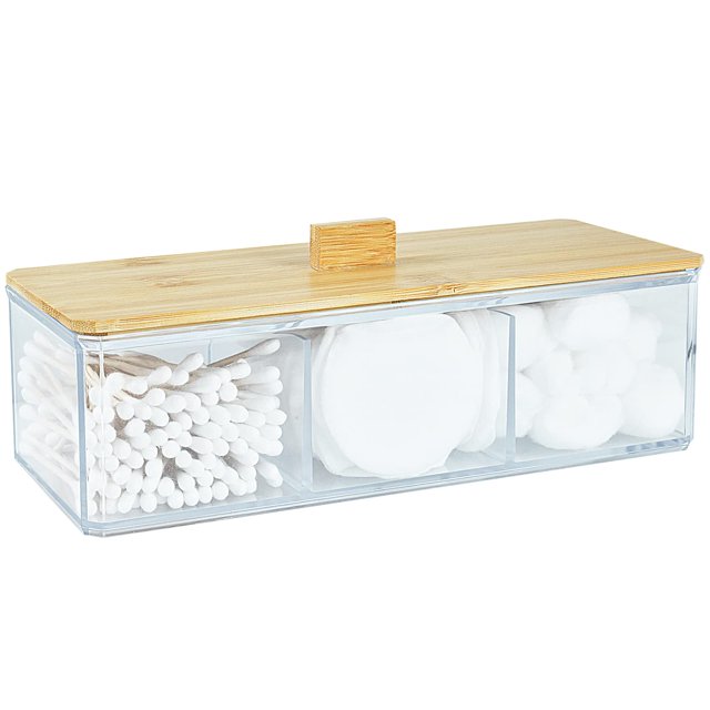 Dispensador de soporte Qtip de acrílico con tapa de madera Soporte para bolas de algodón de 3 compartimentos Organizador de baño para hisopo de algodón Q Tip y soporte para almohadillas de algodón Org
