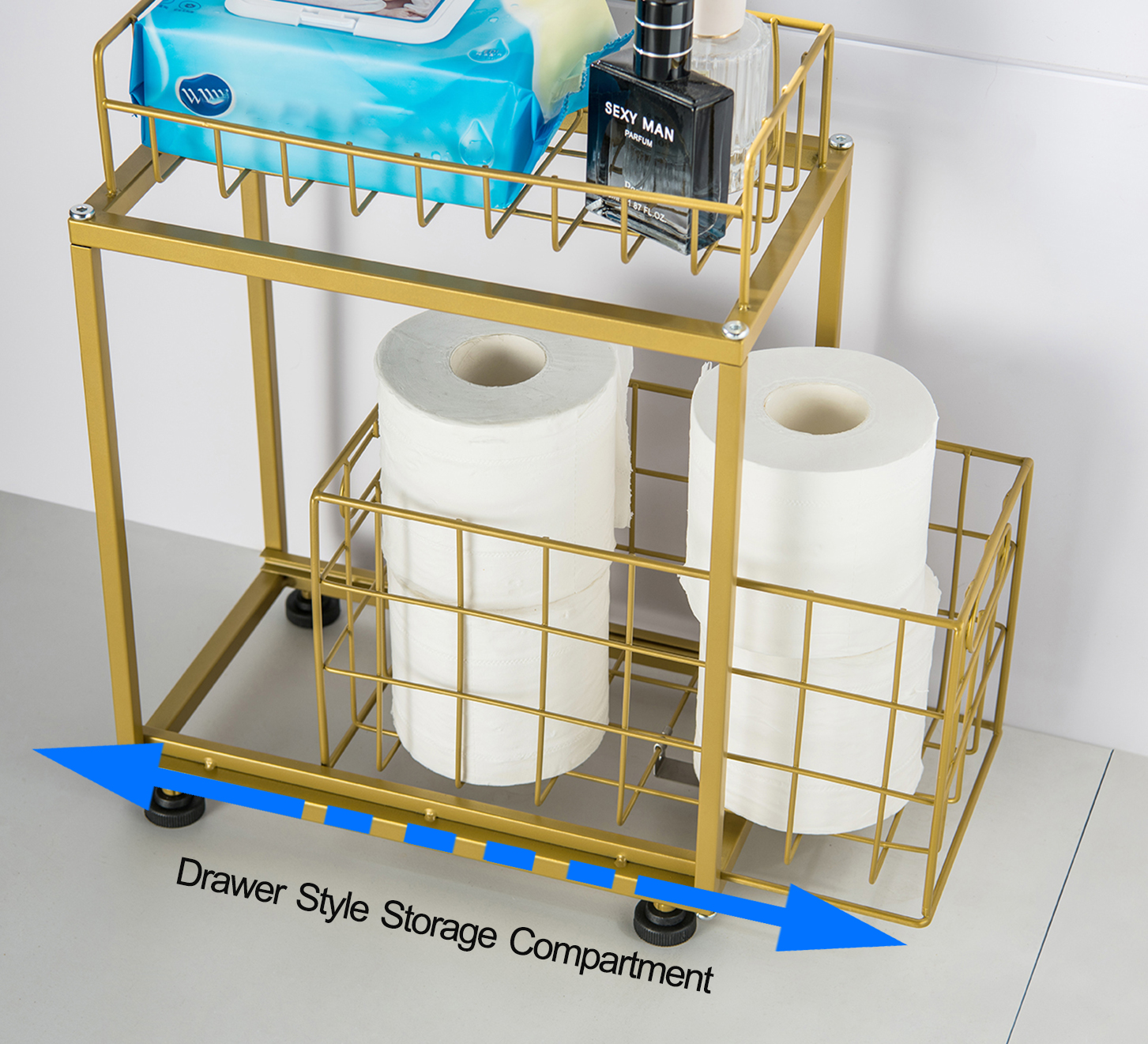Freestanding Toilet Paper Holder, Drawer Style Storage Compartment, with Storage Shelf Reserve for Phone Tablet Magazine Bathroom Organizer (Gold)