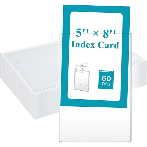 60 Pcs Index Card Pockets, 5'' x 8'' Clear Adhesive Pockets Label, Plastic Labels Holders for Storage Bins, Clear Photo Sleeves for Library Office Classroom Organizer Supplies