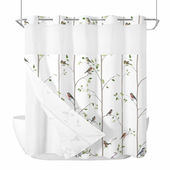 No Hook Sparrow Shower Curtain with Snap in Liner Set, Spring Birds on The Branches Vintage Country Waterproof Fabric Bathroom Curtains with See Through Top Window, Hotel Style Modern 66 x 72 Inch