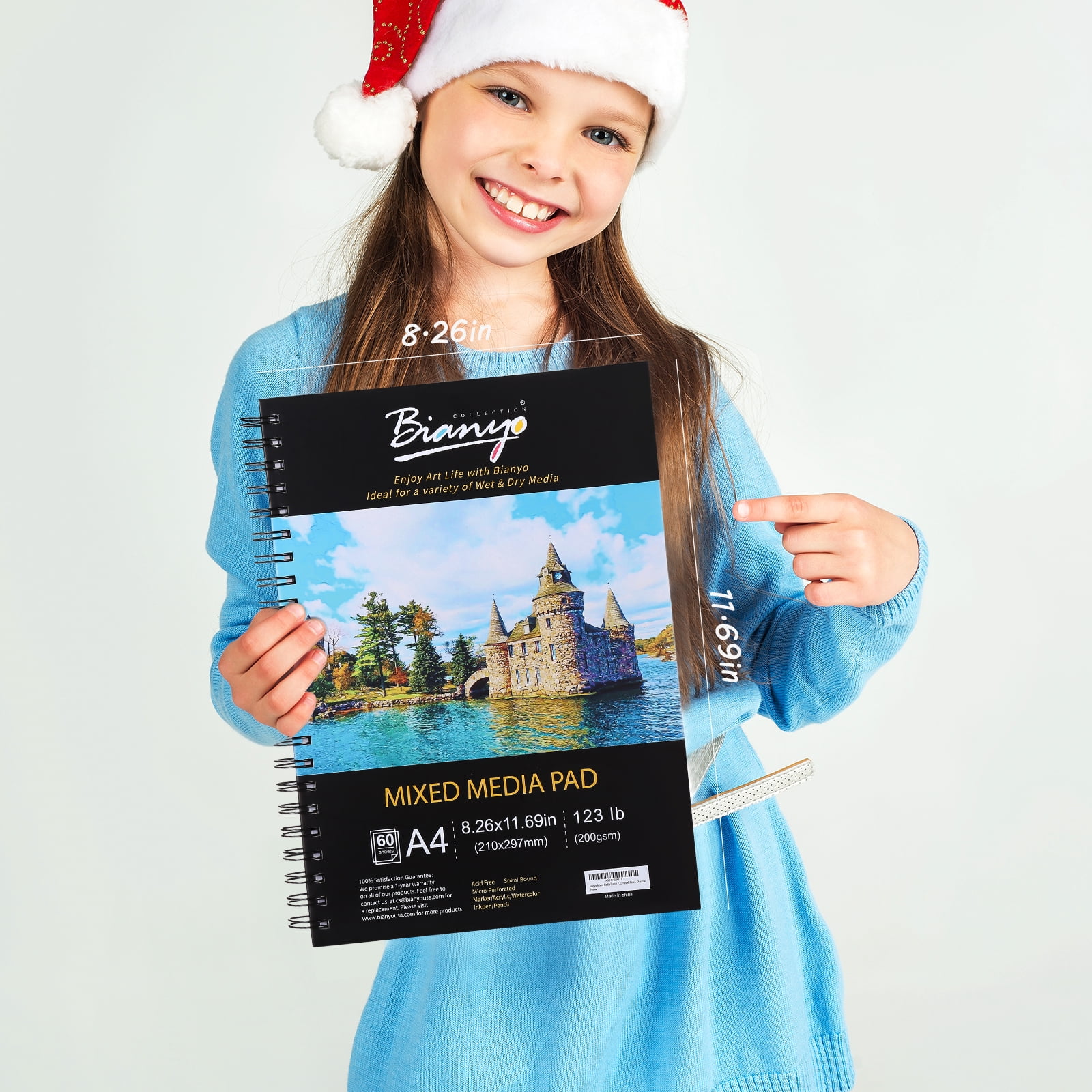 Bianyo Mixed Media Paper Pad, A4 (8.26" X 11.69"), 60 Sheets/Each, 123 LB/200 GSM, Pack of 2 Pads, Spiral-Bound Pad, Ideal for Wet & Dry Media Like Art Marker, Watercolor, Acrylic, Pastel, Pencil