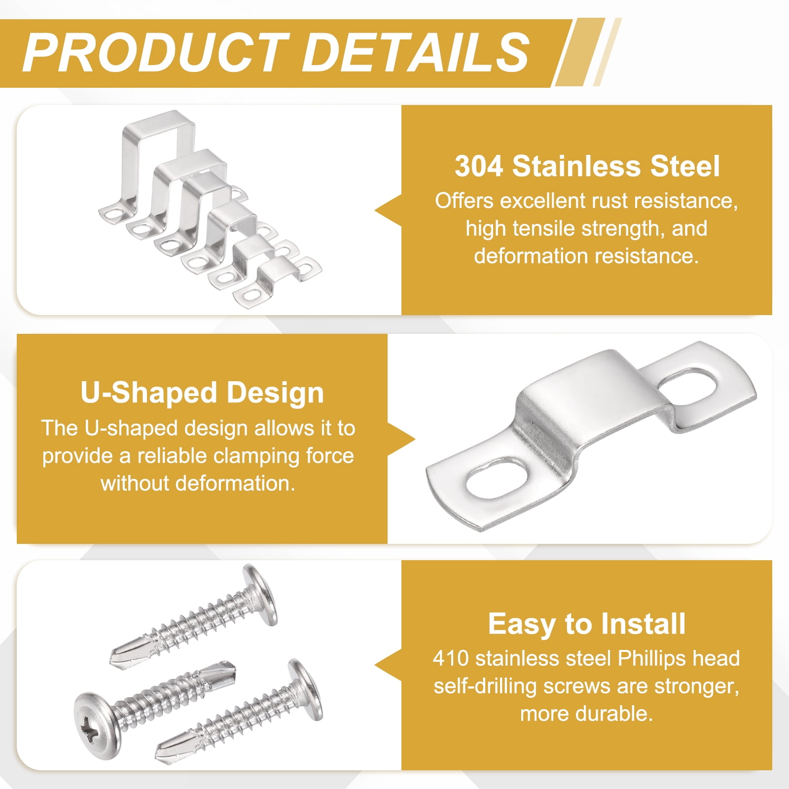 Uxcell 6Pcs U Shape Square Tube Clamp, 25x50mm U Shaped Bracket 304 Stainless Steel Square Strap Clamp with Phillips Head Self Drilling Screws for Pipes Door Closed Bar Holder Railings