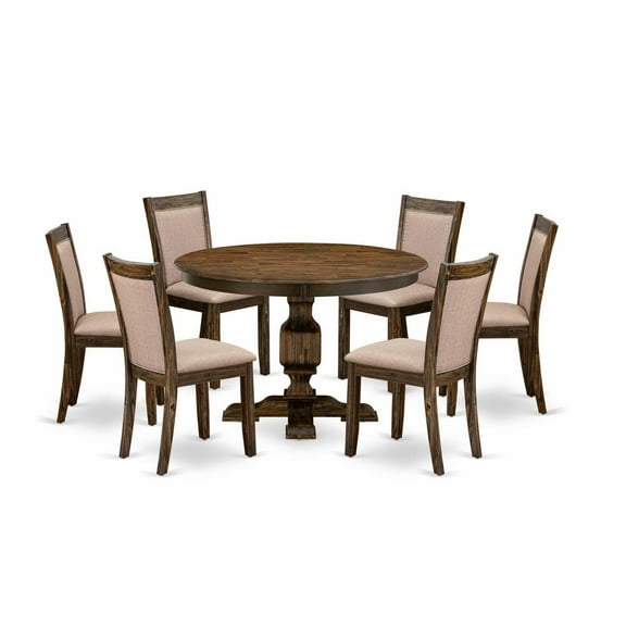 East West Furniture 7 Piece Kitchen Table Set Contains a Dinner Table and 6 Dark Khaki Linen Fabric Mid Century Modern Chairs with High Back - Distressed Jacobean Finish