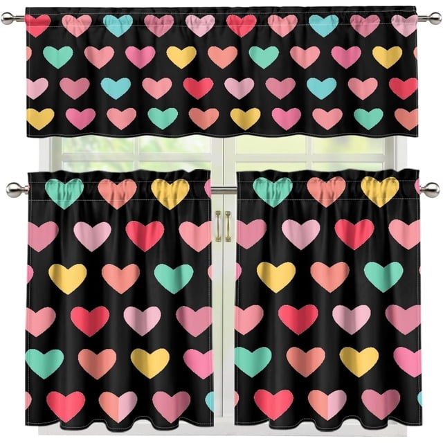Valentine''s Day Kitchen Curtain Valance and 36" Tiers Set of 3 Soft Color Heart Cafe Curtains with Rod Pocket Blackout Drape Window Set for Home Window Decorations