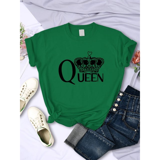 T-shirts pour Femmes Imprimés Grande Couronne de Queen Respirants Manches Courtes d'Été Style Street Hip Hop Col Rond Décontracté Vert TTTG