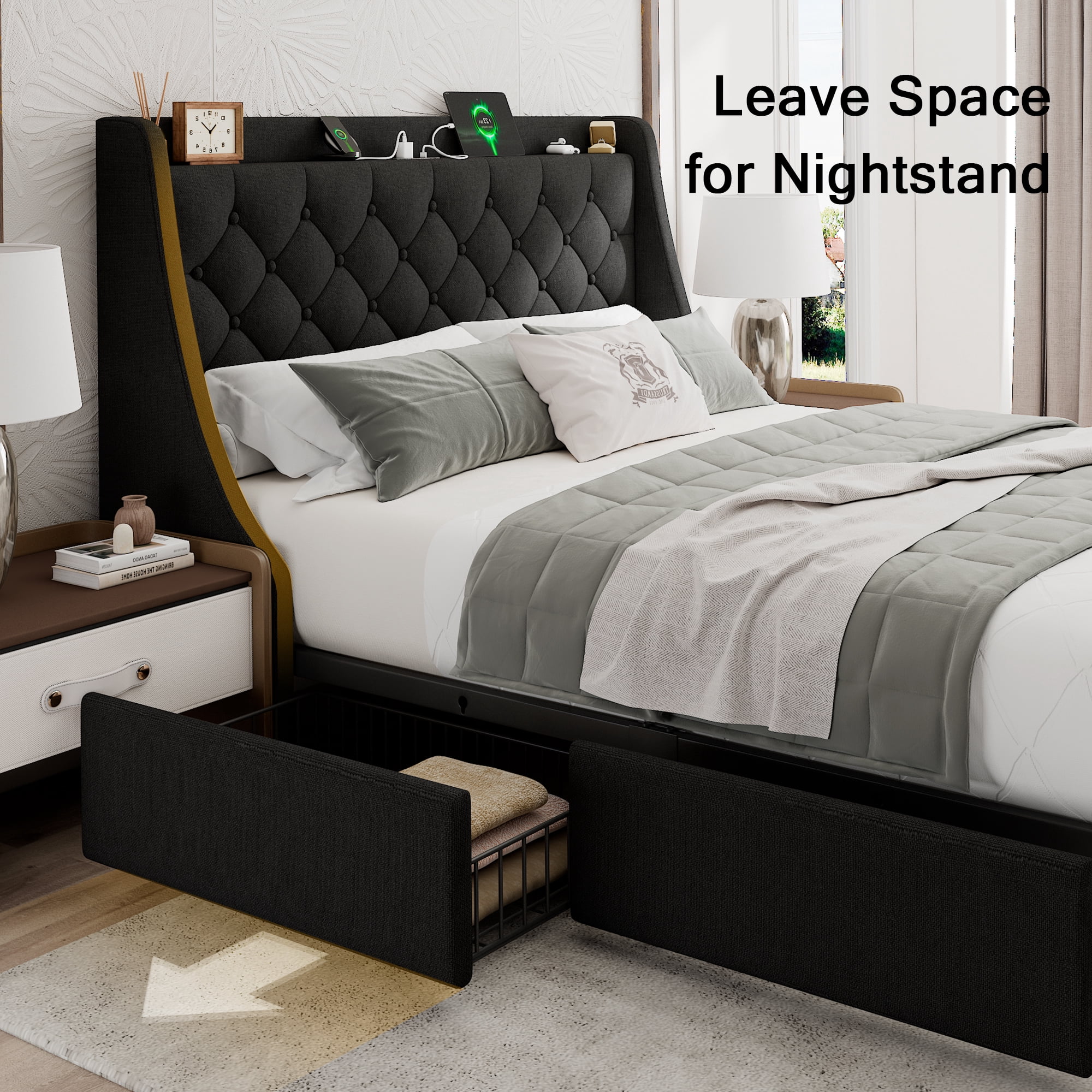 Honfach Queen Bed Frame with 4 Storage Drawers, Upholstered Storage Bed with Charging Station, Wingback Storage Headboard, No Box Spring Needed,Black