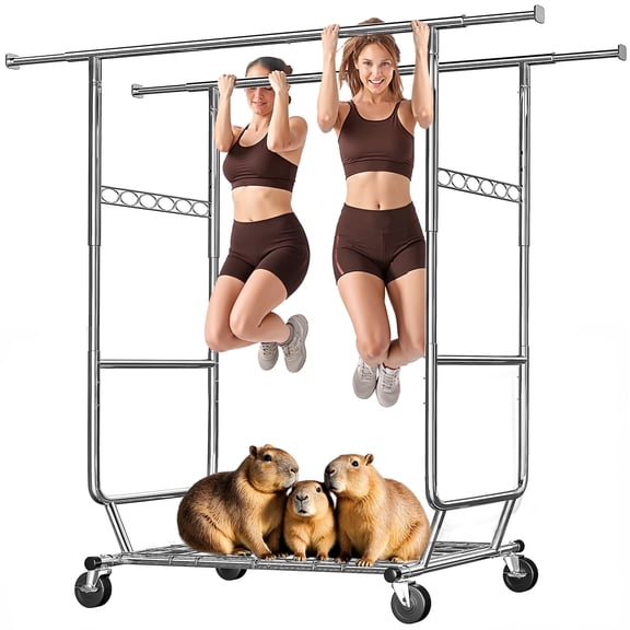 EnHomee 75"W Rolling Heavy Duty Clothes Rack,Double Rod Adjustable Width & Height Garment Rack for Bedroom,Laundry